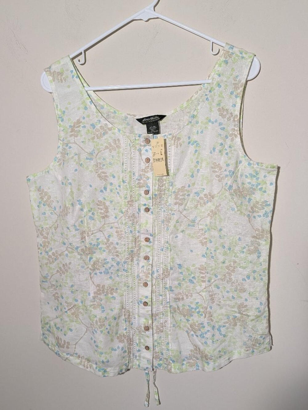 Eddie Bauer Linen Blend Sleeveless Button Front Floral Print Camisole L White